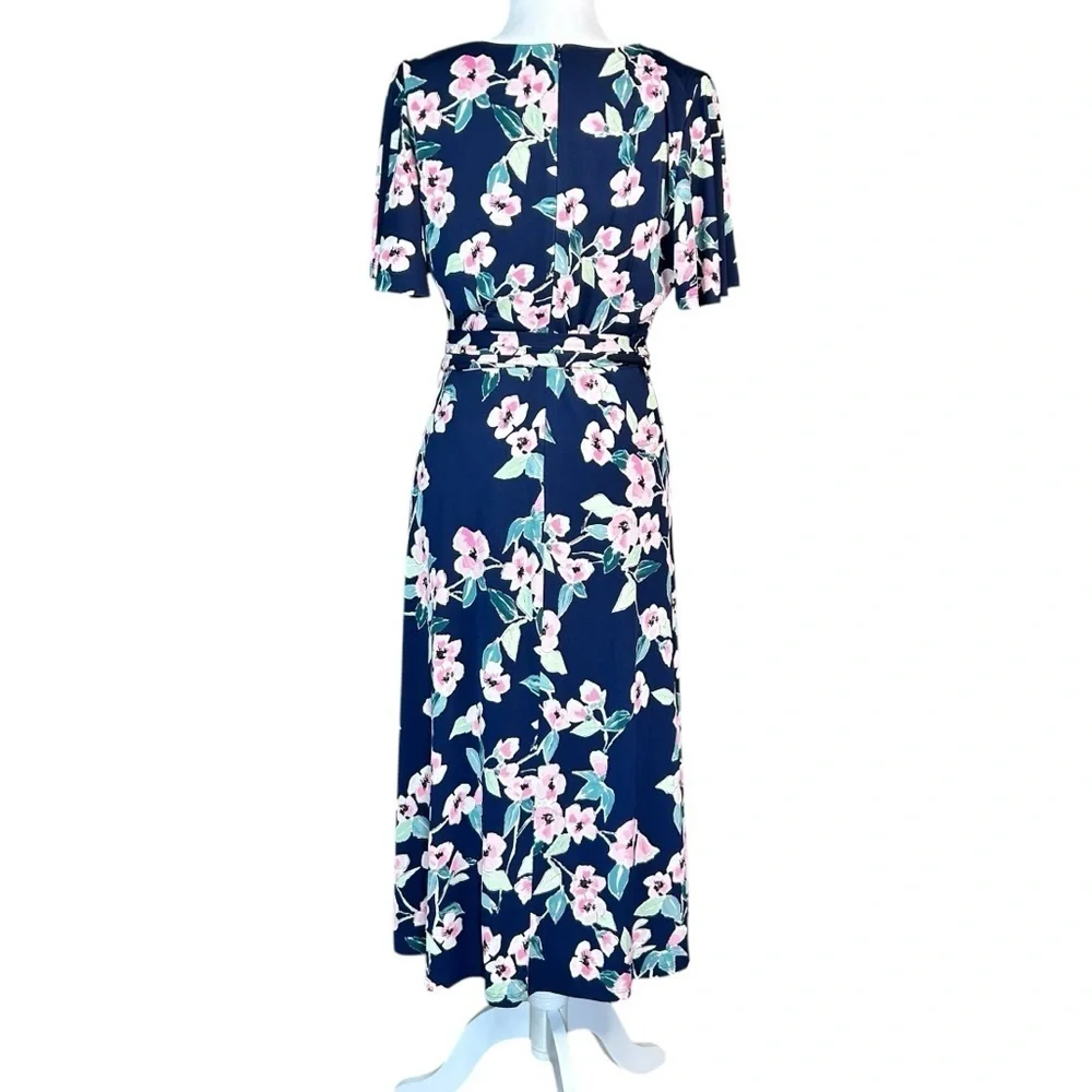 NEW ELIZA J Ditsy Floral Faux Wrap Dress Jersey Knit 12 Surplice Neck Belted
